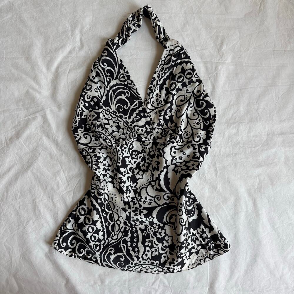 Y2K Express Halter Top Black White Paisley - Size XS